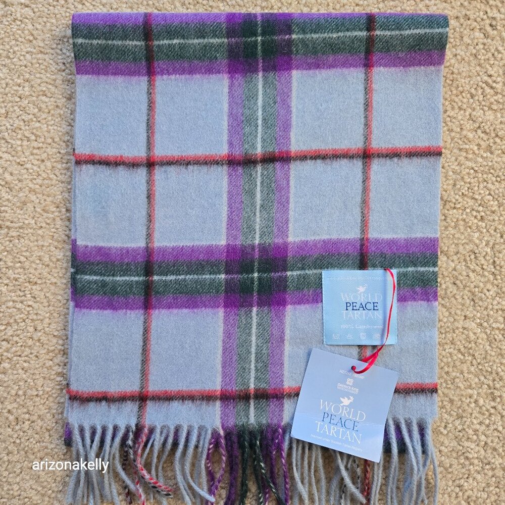 NWT Wool Scarf Plaid Tartan Blue Purple World Peace - Picture 1 of 9